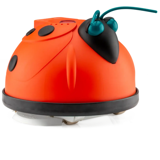 The My Store Hayward Aqua Bug is a compact orange robotic vacuum with black spots, a black face, and teal antennae—its ladybug-inspired design delivers charm and efficient cleaning, just like the iconic automatic pool cleaner.
