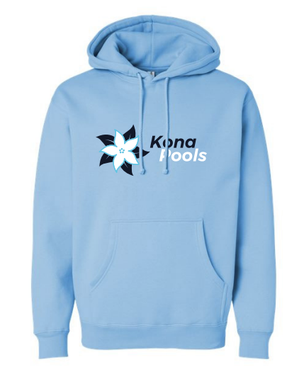 The Kona Pools Hoodie by Kona Pools is light blue with a front pocket, a blue and white flower logo, and “Kona Pools” in black and white on the chest.