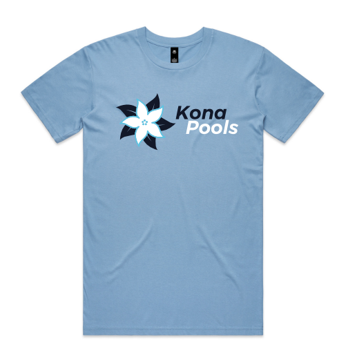 The Kona Pools Tee Shirt by Kona Pools is light blue with a stylized blue and white flower logo on the chest, and "Kona Pools" printed to the right of the logo.