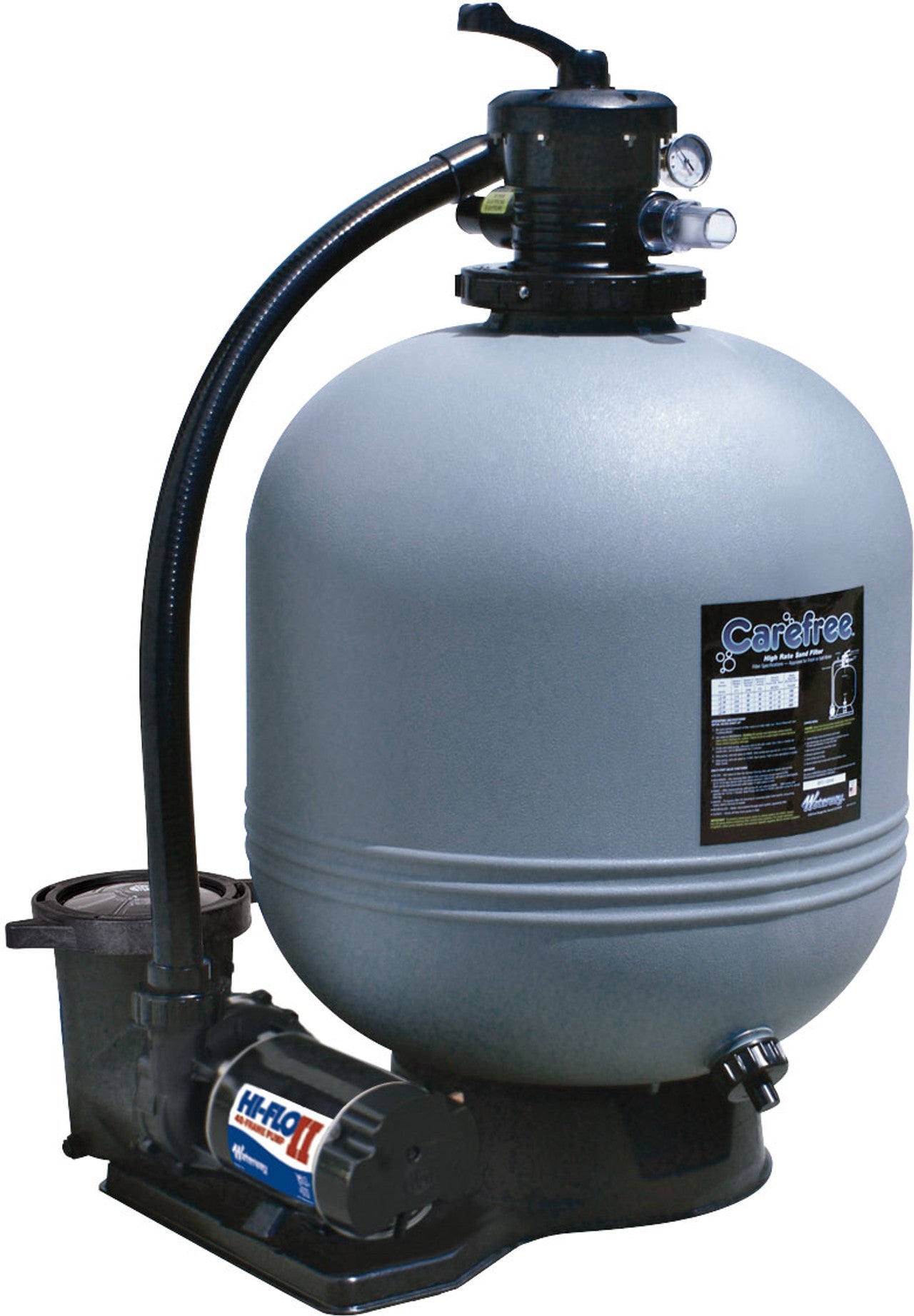 A large, round, gray My Store Waterway Sand Filter tank with attached hoses and a black pump at the base—ideal for efficient sand filtration system setups.