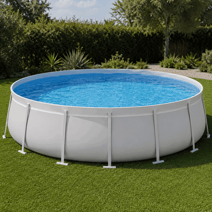 The Kona Pools Round Pool, filled with clear blue water, sits on a neatly trimmed green lawn surrounded by trees and shrubs under a partly cloudy sky.
