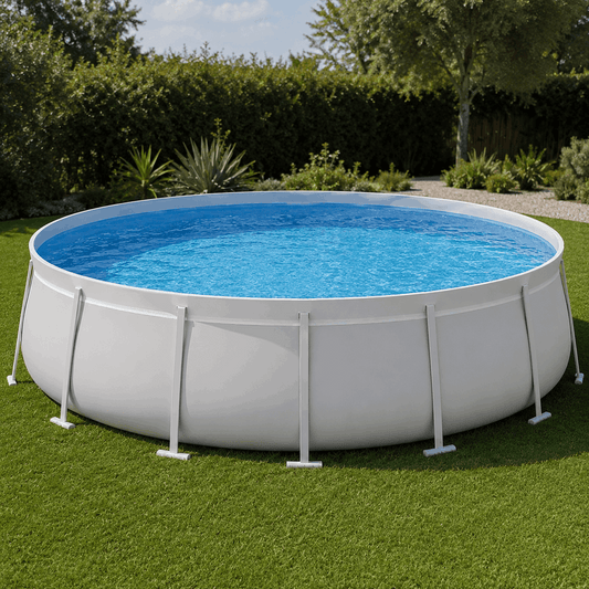 The Kona Pools Round Pool, filled with clear blue water, sits on a neatly trimmed green lawn surrounded by trees and shrubs under a partly cloudy sky.