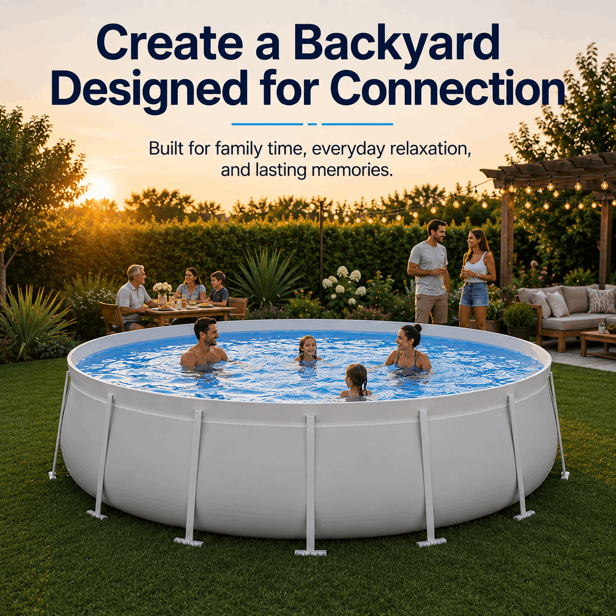A family enjoys a Kona Pools Round Pool while others relax beside lush greenery and cozy seating under a pergola. Text: Create a Backyard Designed for Connection.
