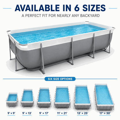 Kona Pools Rectangle Pools feature a sturdy metal frame and come in six modern sizes: 9’x9’, 9’x13’, 9’x17’, 11’x21’, 13’x25’, and 17’x30’. Various size options are available for your backyard.