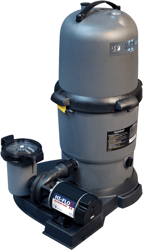 The My Store Waterway Cartridge Filter features a cylindrical canister, an attached HI-FLO II pump, and a strainer basket on a black base, all crafted from durable glass-filled polymer.