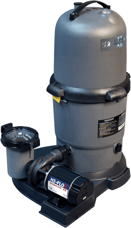 The My Store Waterway Cartridge Filter features a cylindrical canister, an attached HI-FLO II pump, and a strainer basket on a black base, all crafted from durable glass-filled polymer.