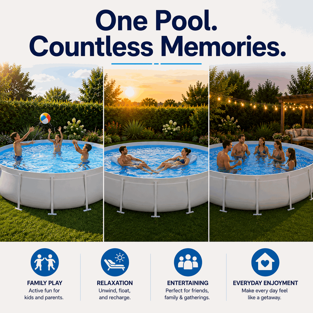 Experience family fun and relaxation with Kona Pools Round Pools: kids play with a beach ball, adults unwind on floats, and friends gather under string lights by the stylish round pool—perfect for every backyard.
