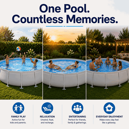 Experience family fun and relaxation with Kona Pools Round Pools: kids play with a beach ball, adults unwind on floats, and friends gather under string lights by the stylish round pool—perfect for every backyard.