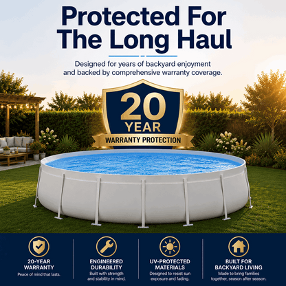 Kona Pools Round Pools offer perfect backyard fun with clear blue water. Enjoy engineered durability, UV protection, and a 20-year warranty—protected for the long haul.