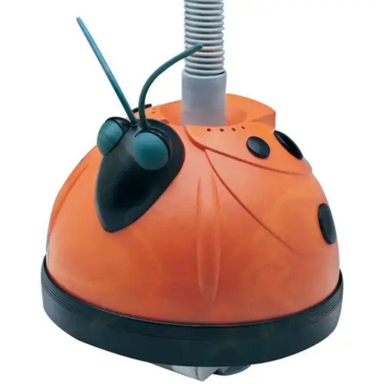 The Hayward Aqua Bug by My Store is an above-ground pool cleaner designed to look like an orange ladybug with black spots, antennae, and large cartoon eyes. A hose attaches to the top for easy operation.