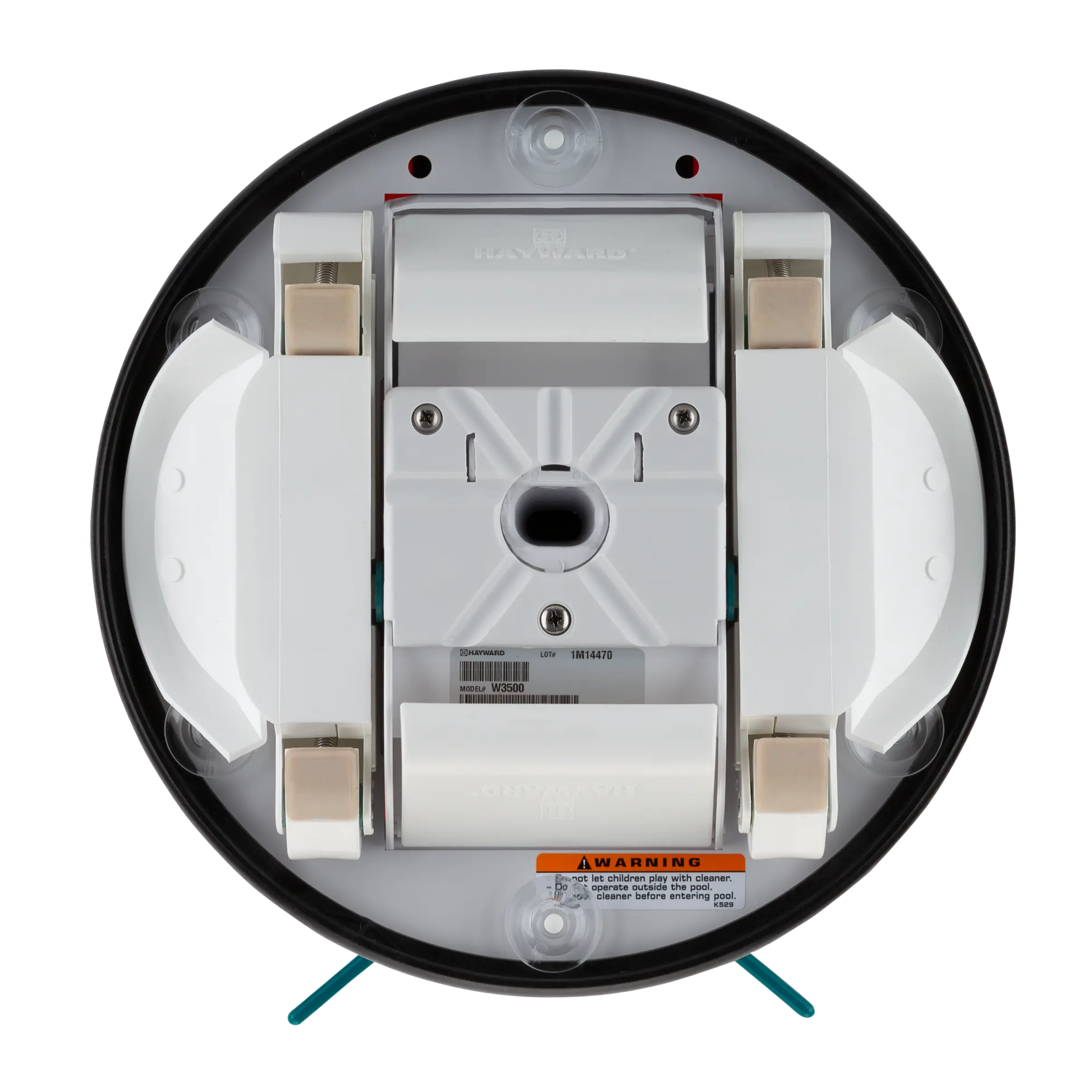 Bottom view of a pool robot vacuum cleaner on a white background