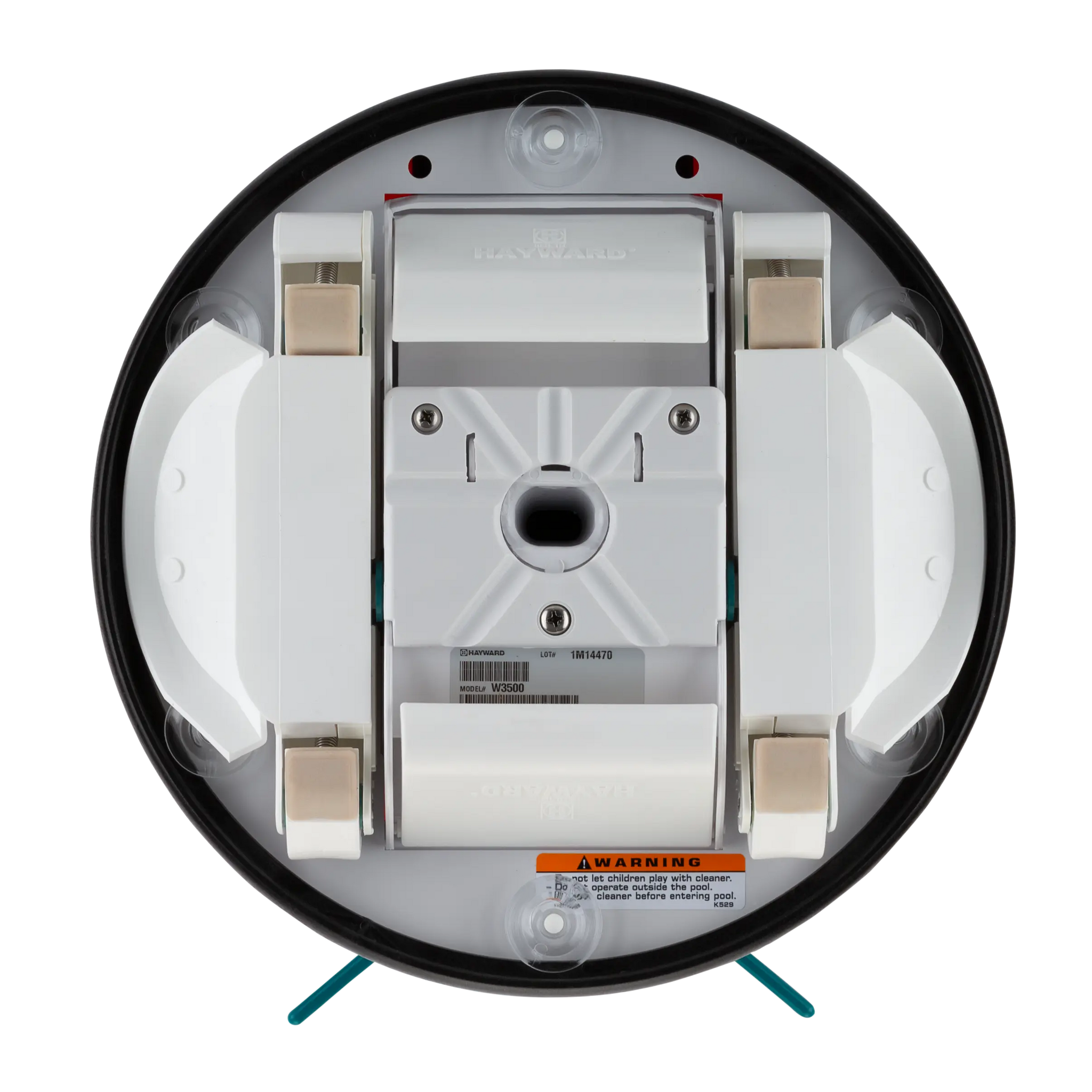 Bottom view of a pool robot vacuum cleaner on a white background