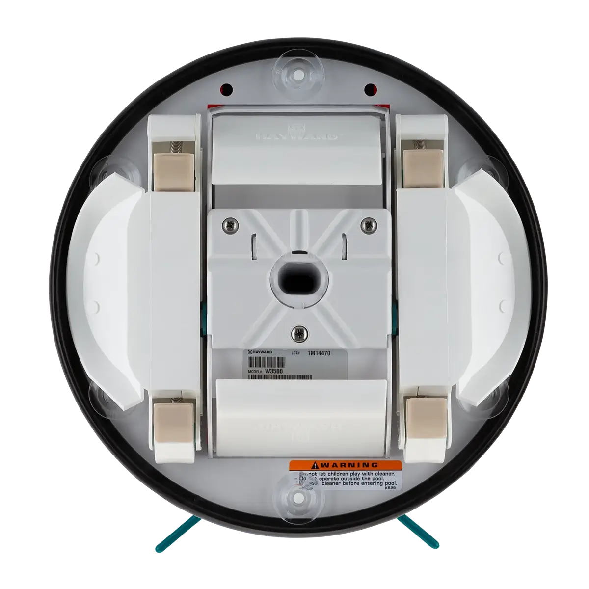 Bottom view of the My Store Hayward Aqua Bug pool cleaner showing wheels, brush housing, sensors, and warning label. Its design is mostly white with black and beige accents.