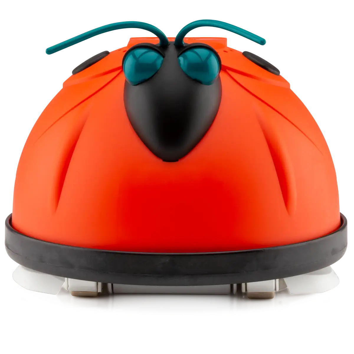 The My Store Hayward Aqua Bug is a small, dome-shaped robotic vacuum cleaner with a ladybug-inspired design featuring a bright red body, black nose, teal antennae, and large blue eyes.