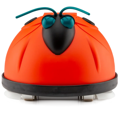 The My Store Hayward Aqua Bug is a small, dome-shaped robotic vacuum cleaner with a ladybug-inspired design featuring a bright red body, black nose, teal antennae, and large blue eyes.