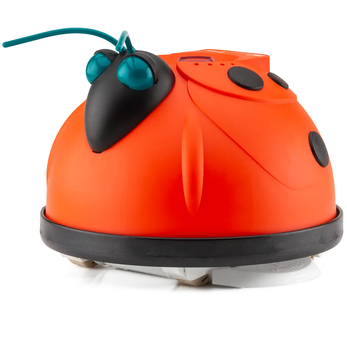The Hayward Aqua Bug by My Store is a bright orange, dome-shaped robotic vacuum cleaner designed to look like a ladybug, featuring black spots, teal antennae, and visible cleaning pads underneath.