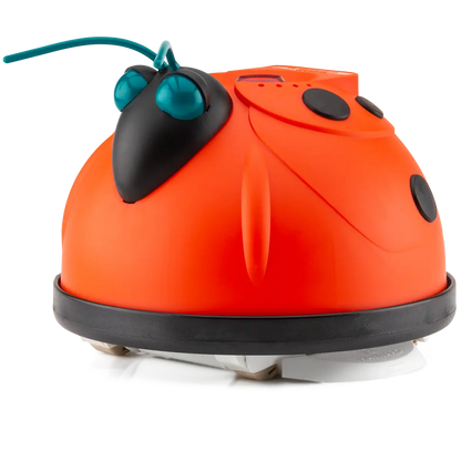 The Hayward Aqua Bug by My Store is a bright orange, dome-shaped robotic vacuum cleaner designed to look like a ladybug, featuring black spots, teal antennae, and visible cleaning pads underneath.