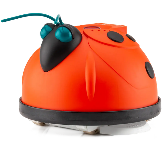The Hayward Aqua Bug by My Store is a bright orange, dome-shaped robotic vacuum cleaner designed to look like a ladybug, featuring black spots, teal antennae, and visible cleaning pads underneath.