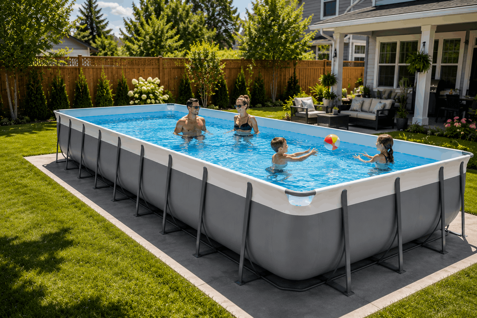 A family of four enjoys a sunny day in their backyard with a Kona Pools Rectangle Pool, as two adults relax in the water and two children play with a colorful beach ball near a stylish patio with outdoor furniture and lush plants.