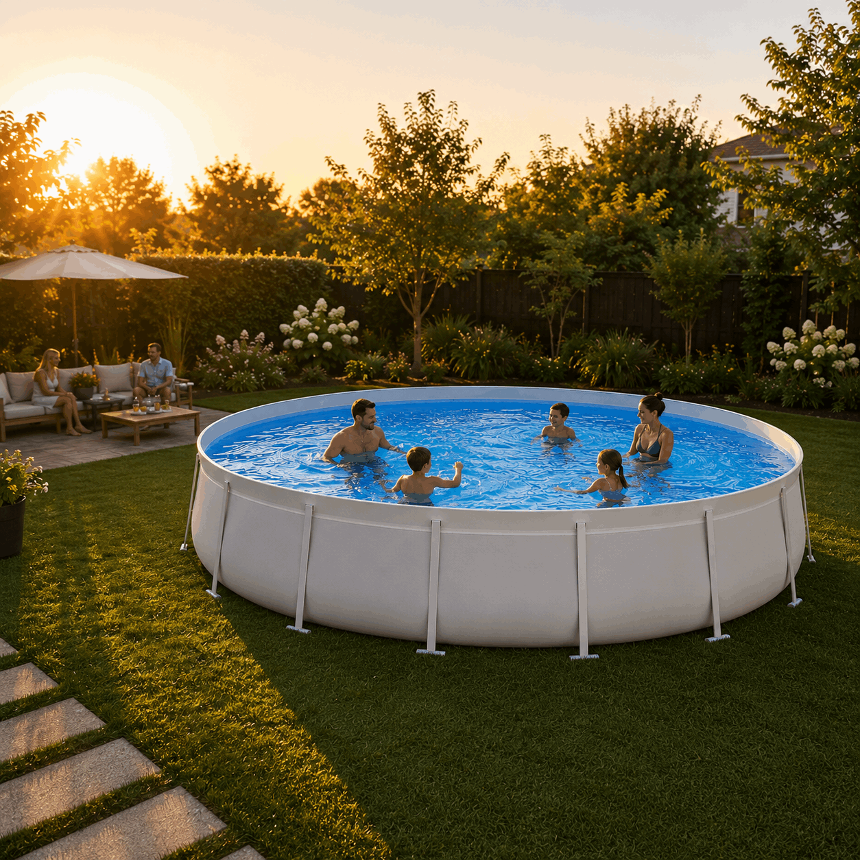 At sunset, a family swims in a Kona Pools round pool while others unwind on patio furniture under an umbrella. Lush grass and trees surround the serene outdoor oasis.