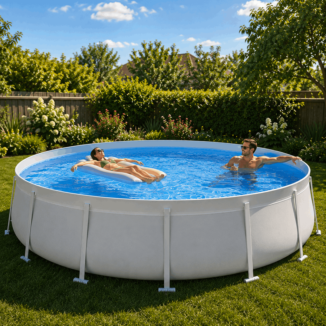 Two people enjoy a Kona Pools Round Pool in the backyard—one on an inflatable lounge, the other standing—surrounded by grass and a wooden fence under the sun.