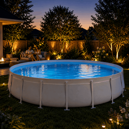 A Kona Pools Round Pool glows with blue light at dusk, surrounded by trees and twinkling lights. Two people relax on a sofa by the fire pit, enjoying the peaceful garden ambiance beside their inviting family-sized pool.