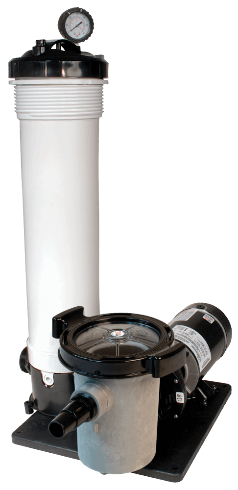 The My Store Waterway Cartridge Filters system features a vertical white housing with a pressure gauge, durable glass-filled polymer construction, and connects to a black and gray pump on a sturdy black base.