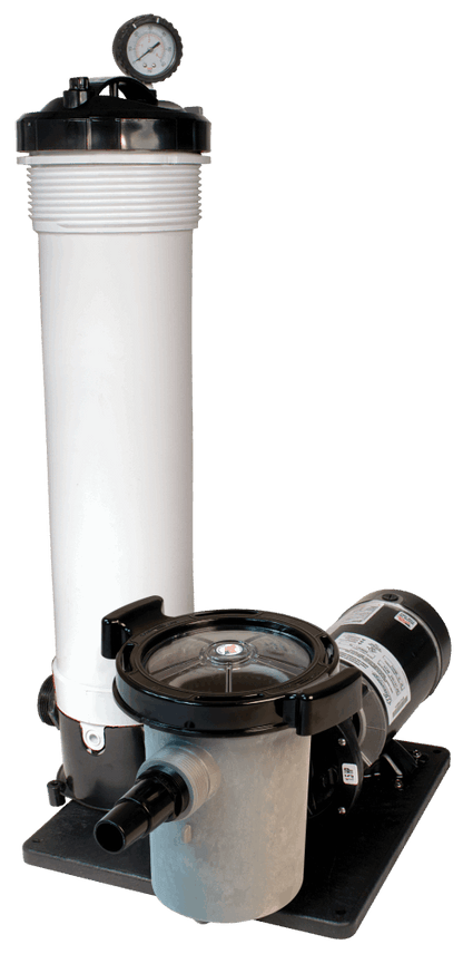 The My Store Waterway Cartridge Filters system features a vertical white housing with a pressure gauge, durable glass-filled polymer construction, and connects to a black and gray pump on a sturdy black base.