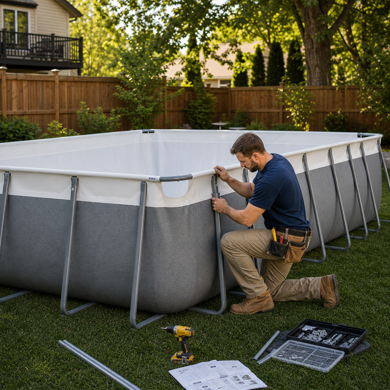 A man kneels on the grass in his backyard, assembling an above-ground pool with tools and instructions scattered nearby—highlighting that Wisconsin residents might prefer the convenience of Kona Pools' "Wisconsin Only: Professional Pool Installation" service, even though it requires an additional installation fee.