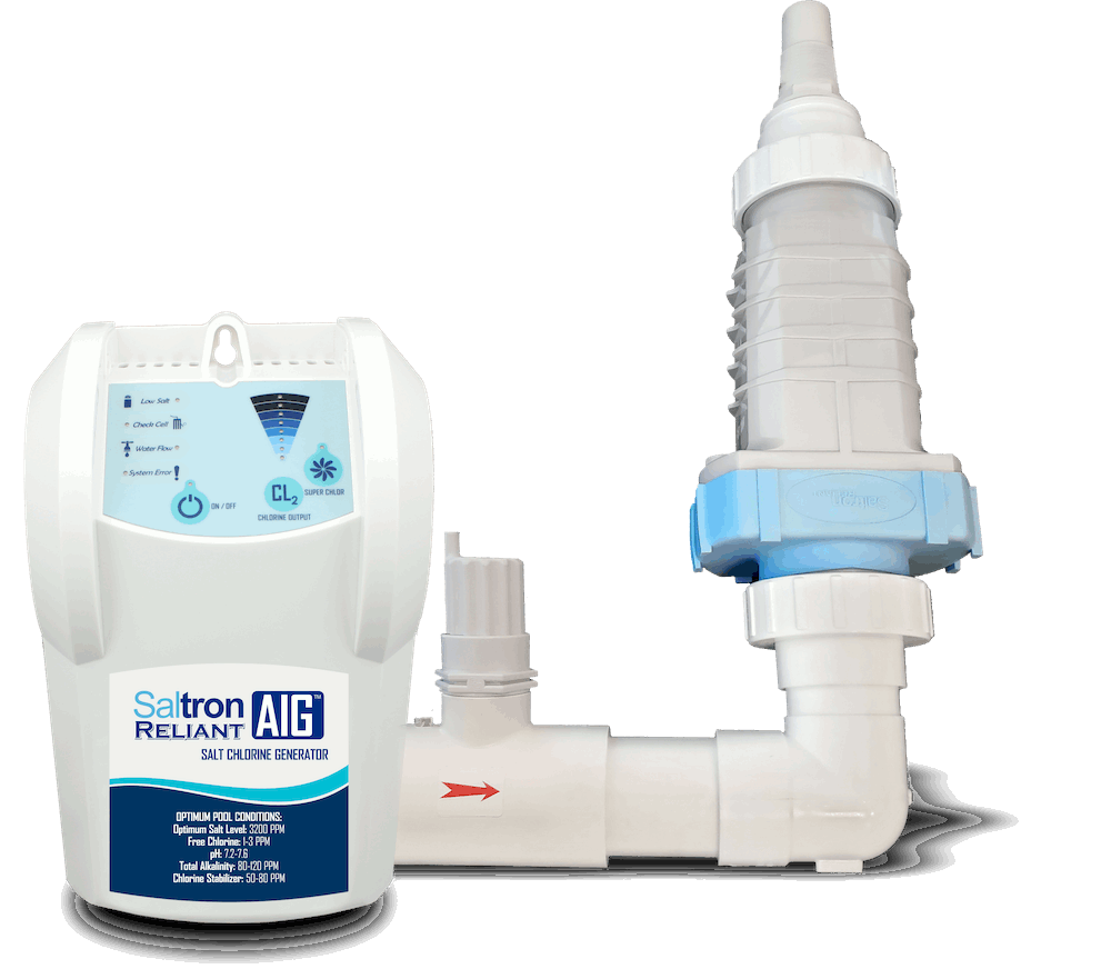 A white and blue electronic device labeled Solaxx Salt Gen by My Store is connected to white PVC pipes and fittings for pool sanitation, featuring a low salt indicator for easy maintenance.