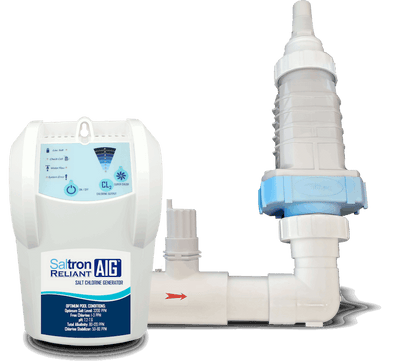 A white and blue electronic device labeled Solaxx Salt Gen by My Store is connected to white PVC pipes and fittings for pool sanitation, featuring a low salt indicator for easy maintenance.