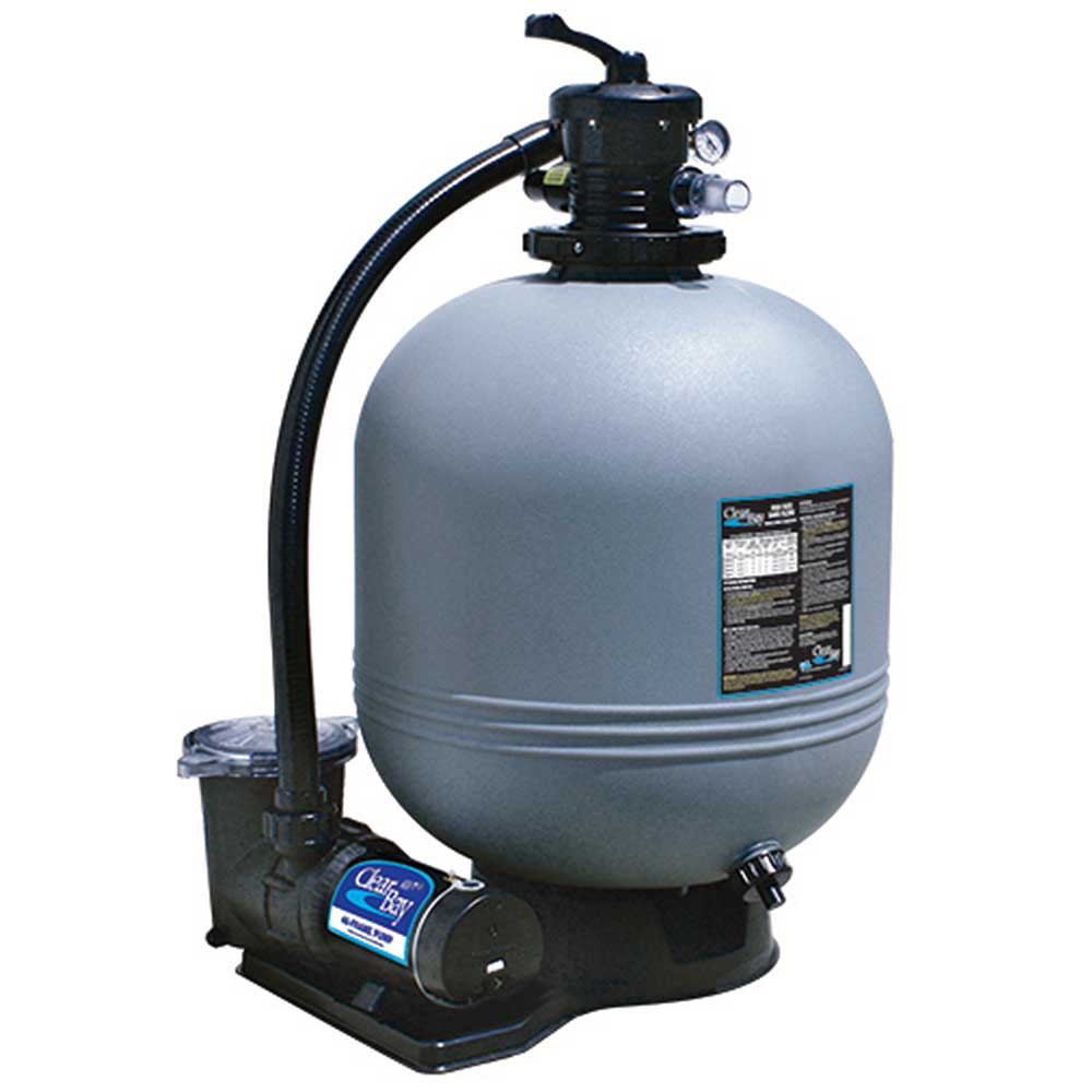 The My Store Waterway Sand Filter is a large, round gray unit with a black top valve, attached hoses, and a base pump—an efficient system designed for swimming pool water purification.